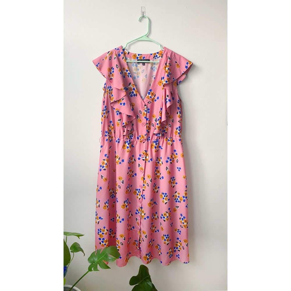 Eloquii Pink Floral Belted Dress with Ruffles